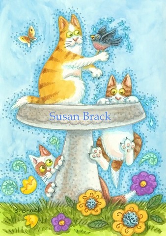 Hiss N' Fitz Cat Kittens Bird Bath Susan Brack Art Illustration Feline License EBSQ Humor