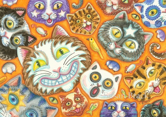 Crazy Cat Faces Halloween Party Feline Kitten Susan Brack Folk Art Illustration License