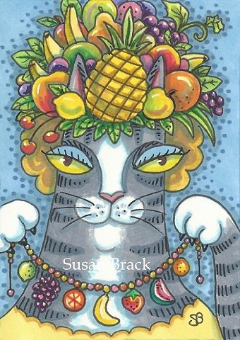 Hiss N' Fitz Cat Kitten Fruit Headdress Necklace Susan Brack Art Illustration Feline EBSQ