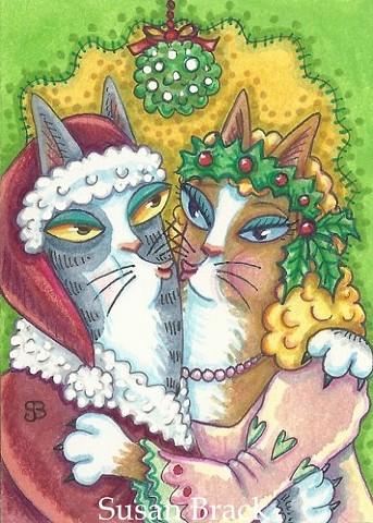 Hiss N Fitz Cat Christmas Santa Mrs Claus Mistletoe Holiday Susan Brack Art Humor