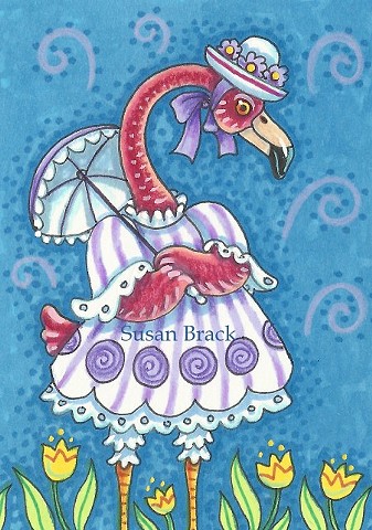 Pink Flamingo Parasol Easter Bonnet Bird Susan Brack Art Illustration License