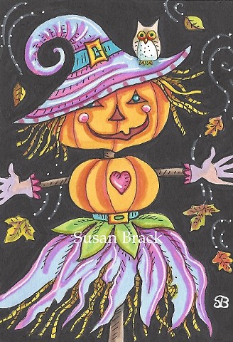 Witch Jack O Lantern Scarecrow Halloween Pumpkin Susan Brack Holiday Art Illustration