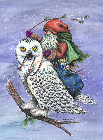 Christmas Santa Belsnickle Snow Owl Bird St. Nick Fantasy Susan Brack Art EBSQ LIcense