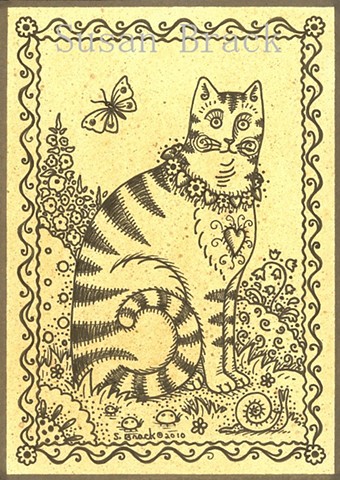 Country Primitive Tabby Cat Feline Susan Brack Pen And Ink Drawing Art Illustration License