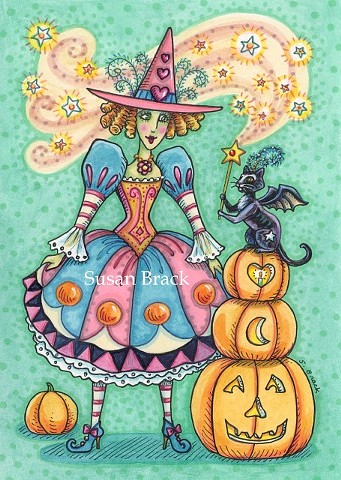 Witch Woman girl Halloween magic wand Black Cat Susan Brack Art License