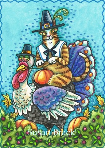 Hiss N' Fitz Cat Feline Thanksgiving Turkey Pilgrim Susan Brack Illustration Art ACEO EBSQ