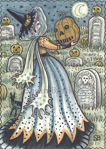 Cemetery Mourning Witch Jack O Lantern Grave Halloween Susan Brack Art Illustration ACEO