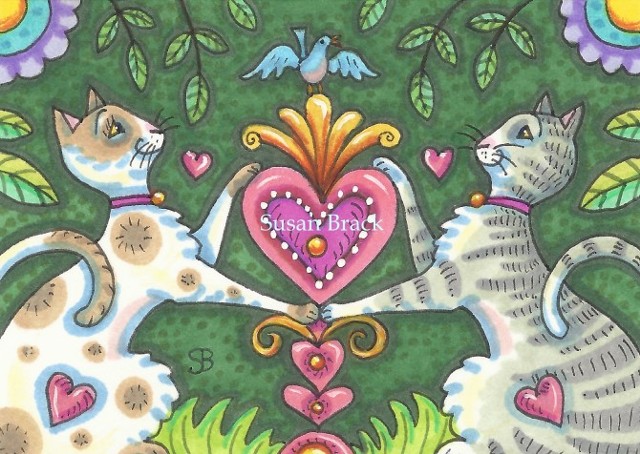 Valentine Kittens Cat Feline Kittens Heart Susan Brack Folk Art Illustration EBSQ ACEO