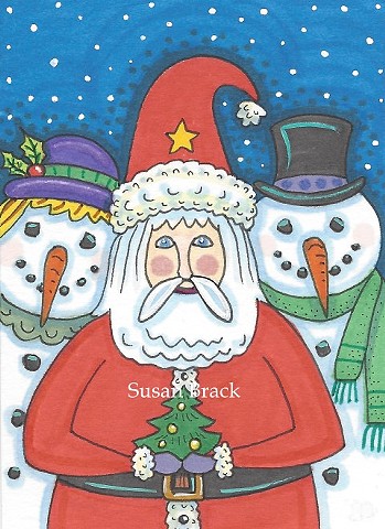 Snowman Santa Claus St. Nick Cartoon Card Christmas Holiday Susan Brack Art License