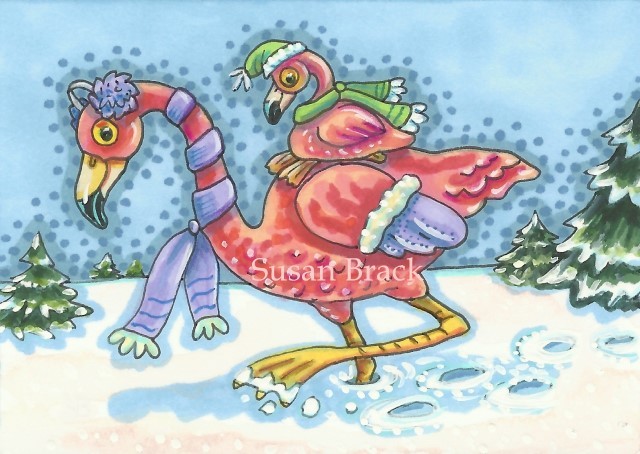 Baby Pink Flamingo Snow Piggyback Winter Christmas Susan Brack Art Illustration License