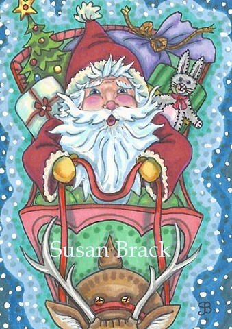 St. Nicholas Santa Father Christmas Reindeer Sleigh Toys Holiday Susan Brack Art License