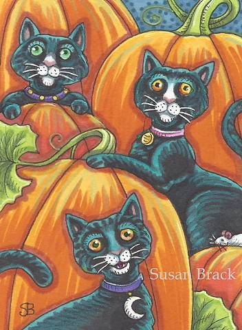 Black Cat Feline Kitten Pumpkin Patch Halloween Susan Brack Art ACEO EBSQ License