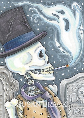 Skeleton Skelly Skull Smoker Cemetery Halloween Goth Outsider Susan Brack Art