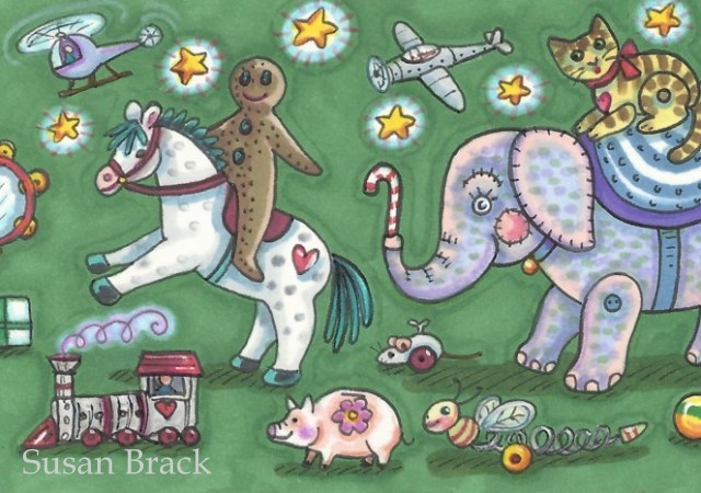 March Of The Christmas Toys Gingerbreadman Pony Train Elephant Susan Brack Art License