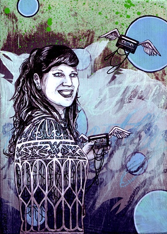 a mixed media painting portrait of a woman with a birdcage and flying cassette tapes