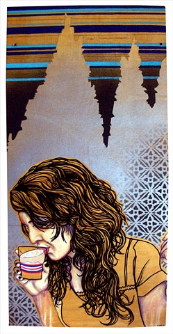 a mixed media painting portrait of a woman drinking a cocktail