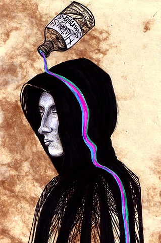 an acrylic art and ink portrait of a hooded man with a rainbow bottle of liquor