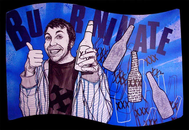 a mixed media painting portrait of a man holding a beer bottle wearing an H-street shirt