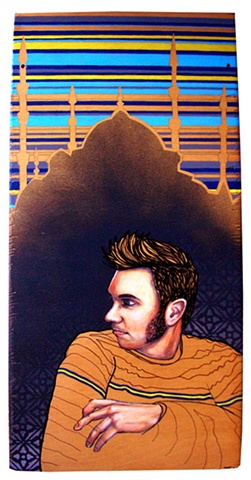 a mixed media painting portrait of a man with a pompadour and mutton chop sideburns