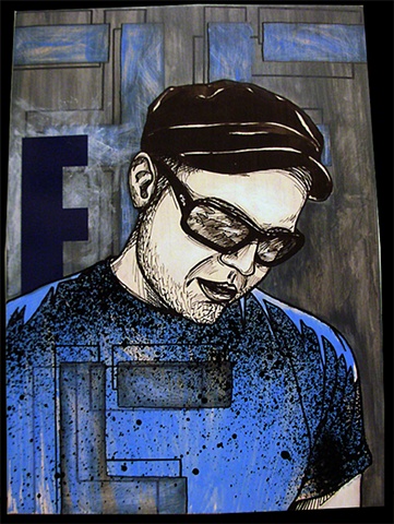 a mixed media painting portrait of a man wearing a cap and sunnies