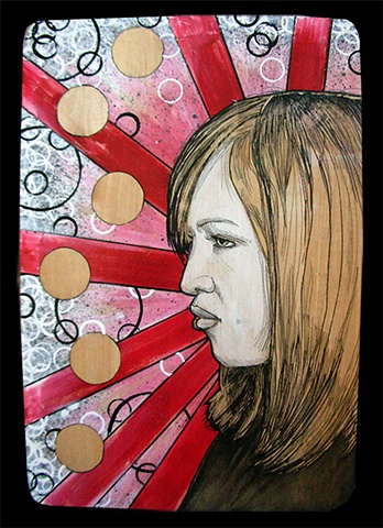 a mixed media painting portrait of a woman with red starburst