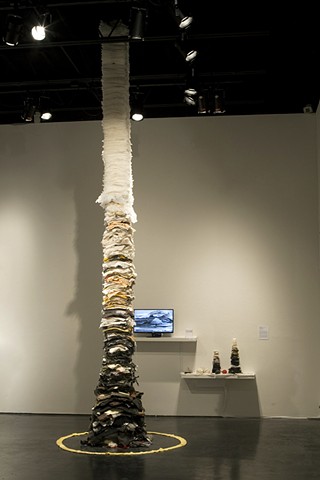 Installation view of Forgiveness Tower, process video, Quote stack, tower mockup and materials sample shelf