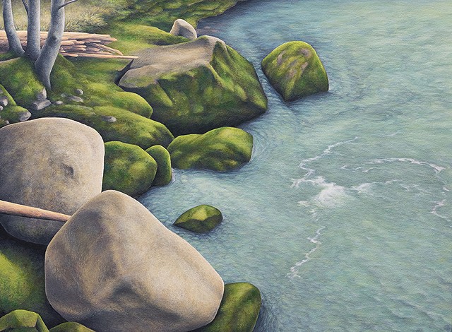 Realistic landscape water rocks moss acrylic painting Terry Nelson