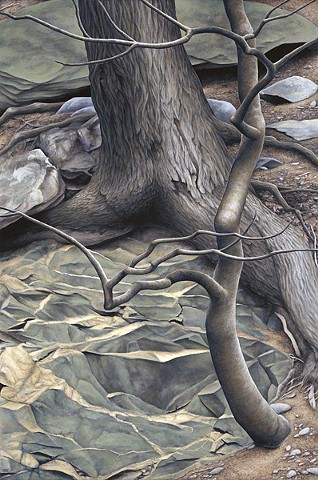 Acrylic painting of trees growing out of rock