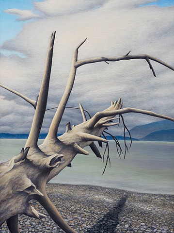 Acrylic painting of driftwood log on Puget Sound beach