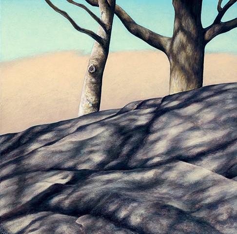 Acrylic painting of trees and shadows on rock with cloud background