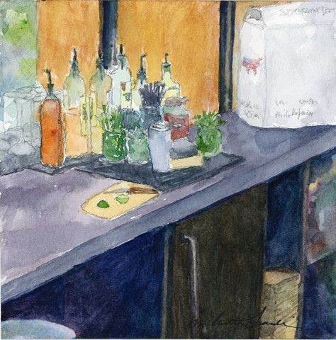 watercolor painting of rye whiskey bottles and lime in back of the bar all set up and ready to go by M Christine Landis
