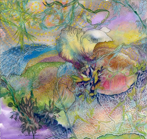 watercolor and colored pencils abstract drawing of the everglades with iris, turtles, fish by M Christine Landis