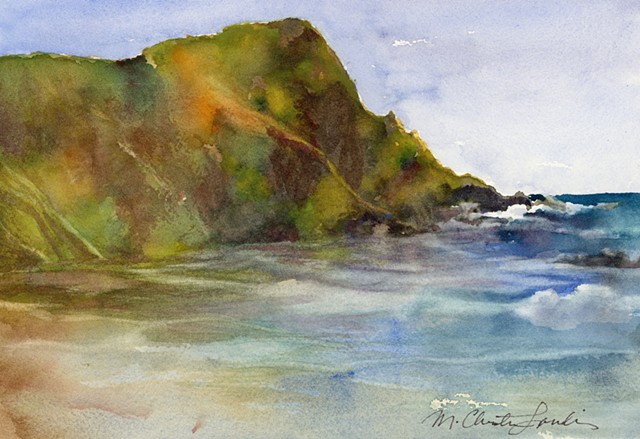 watercolor painting of beach at Julia Pfieffer Burns State Park California by M Christine Landis