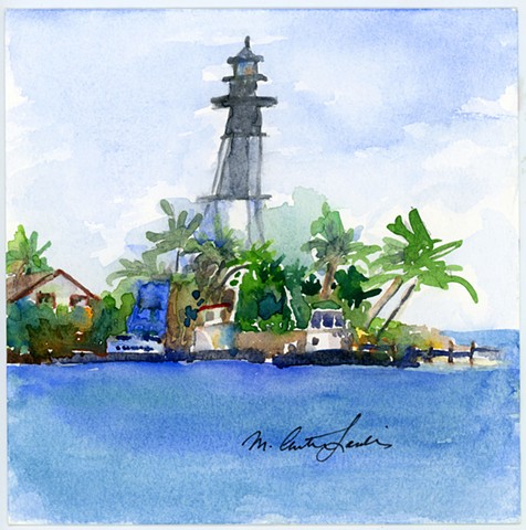 watercolor painting of Hillsboro Inlet Lighthouse by M Christine Landis