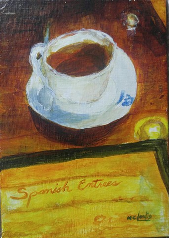 acrylic painting of a cup of cuban coffee and a menu on a table by M Christine Landis