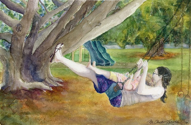 watercolor painting of mother and child swinging at the park by M Christine Landis