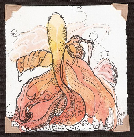 watercolor and ink painting of a yellow orange beta fish by M Christine Landis