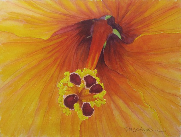 watercolor painting of yellow hibiscus by M Christine Landis