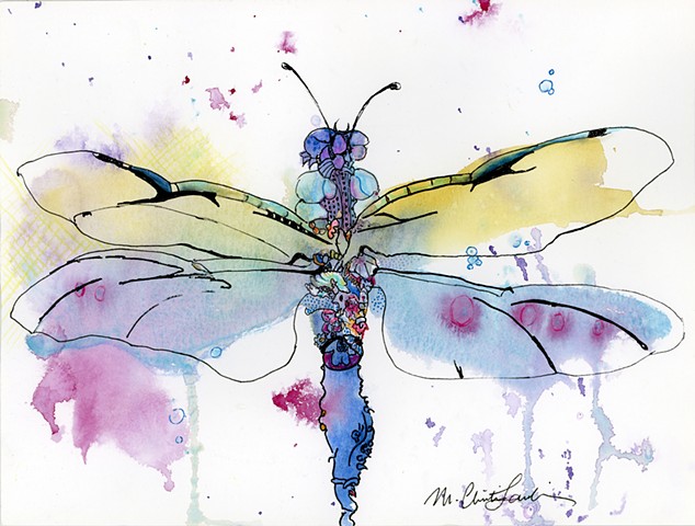 Award winning whimsical dragonfly painting in watercolor & ink by M. Christine Landis