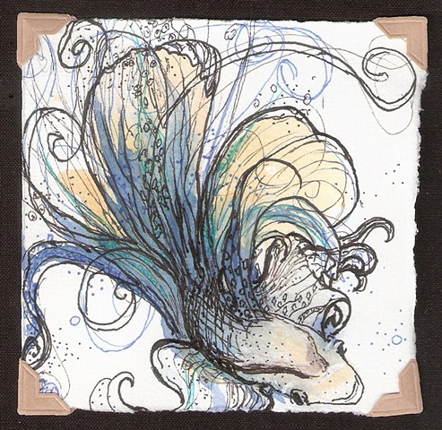 watercolor and ink painting of a blue, green and yellow beta fish by M Christine Landis