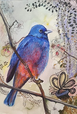 Red-bellied Bunting, beautiful red and blue bird painting in watercolor, markers and ink by M. Christine Landis