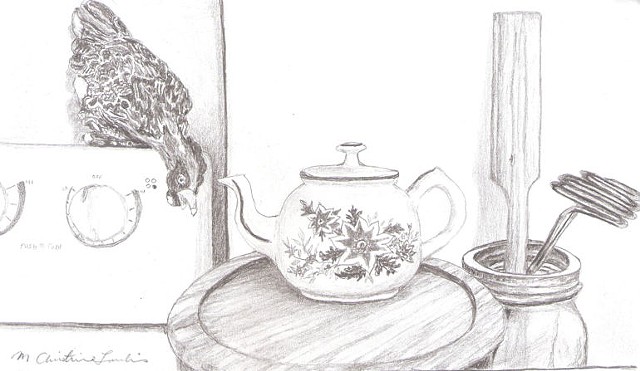 graphite pencil drawing of ceramic chicken, tea pot and kitchen utensils by M Christine Landis