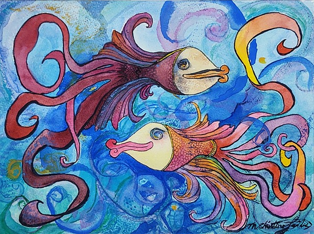 watercolor painting of two colorful and flirty beta fish with swirly tails in swirly blue water 
