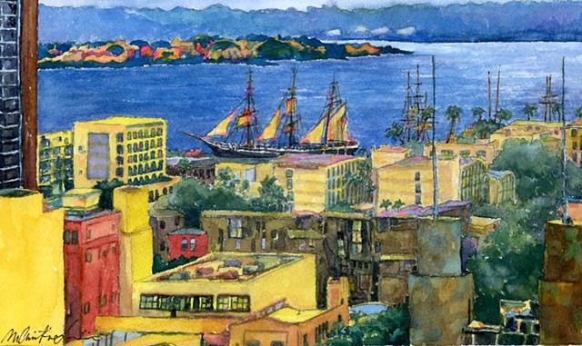 watercolor painting of tall ships and city buildings at San Franciso Bay by M Christine Landis