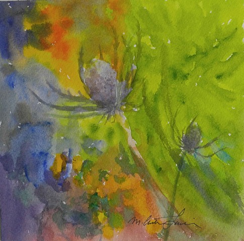 watercolor painting of abstracted thistles by M Christine Landis