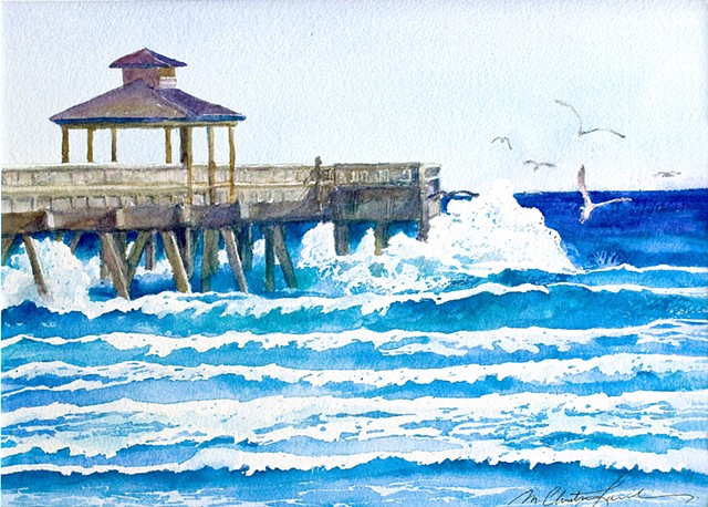 watercolor painting of seagulls flying above waves crashing against the pier at Deerfield Beach Florida by M Christine Landis