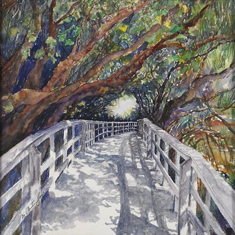 watercolor painting of walkway to the beach at Dania Beach Hollywood Florida by M Christine Landis