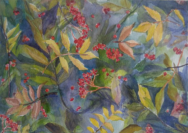 watercolor painting of red berries and leaves in fall colors by M. Christine Landis