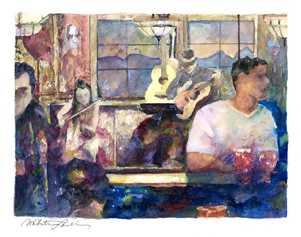 watercolor painting of guitar and fiddle musicians playing in a pub by M Christine Landis