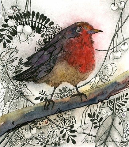 Red Breasted Robin, beautiful little birdie painting in watercolor, markers and ink by M. Christine Landis